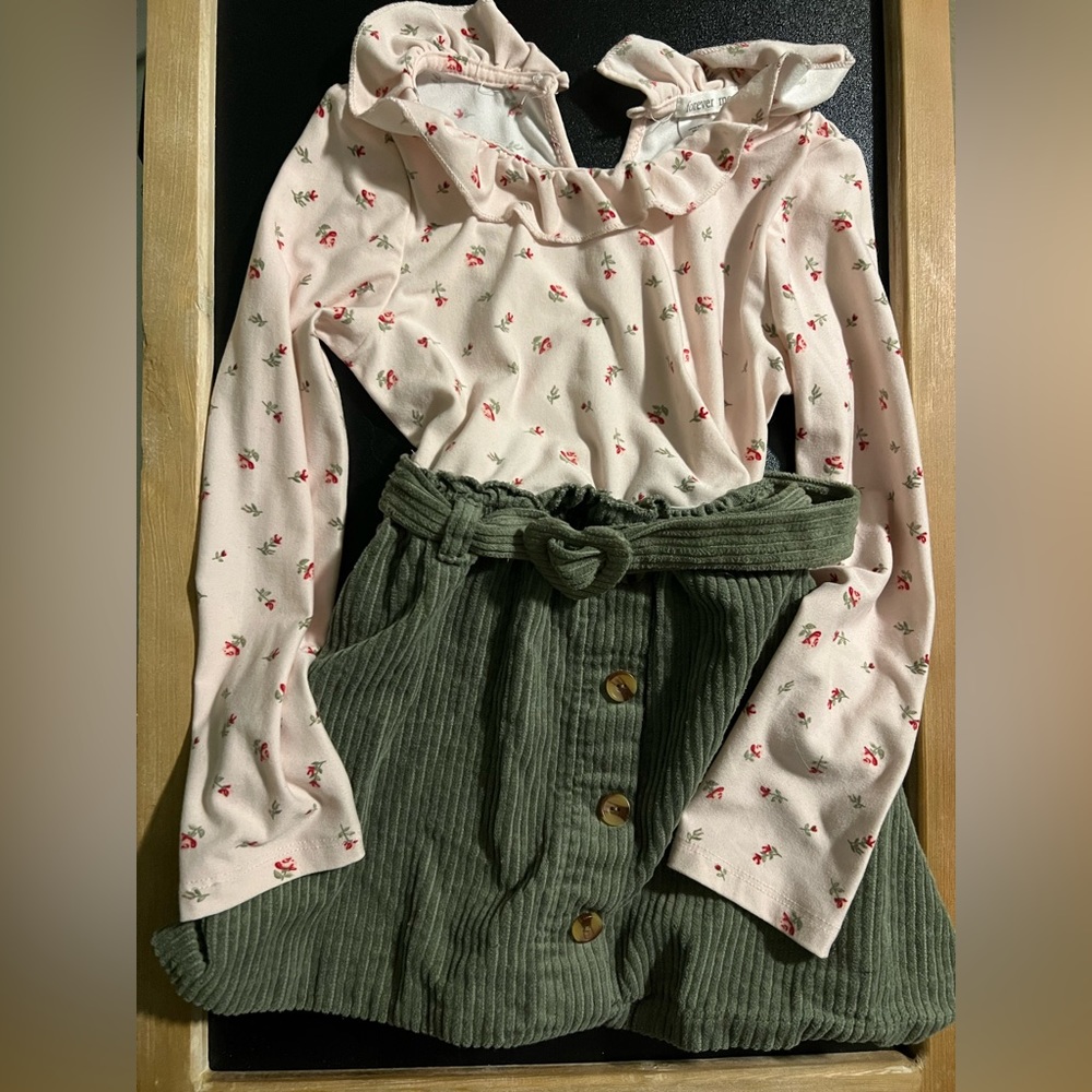 Girls floral belted corduroy dress